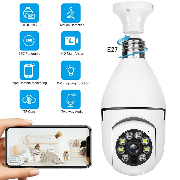 Home Security Camera Wireless WIFI Outdoor Surveillance Camera with Light Bulb 1080 HD Motion Detection 360 Degree Wide Angle