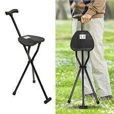 Black Folding Multifunctional Cane Chair Walking Stick with Stool Crutch