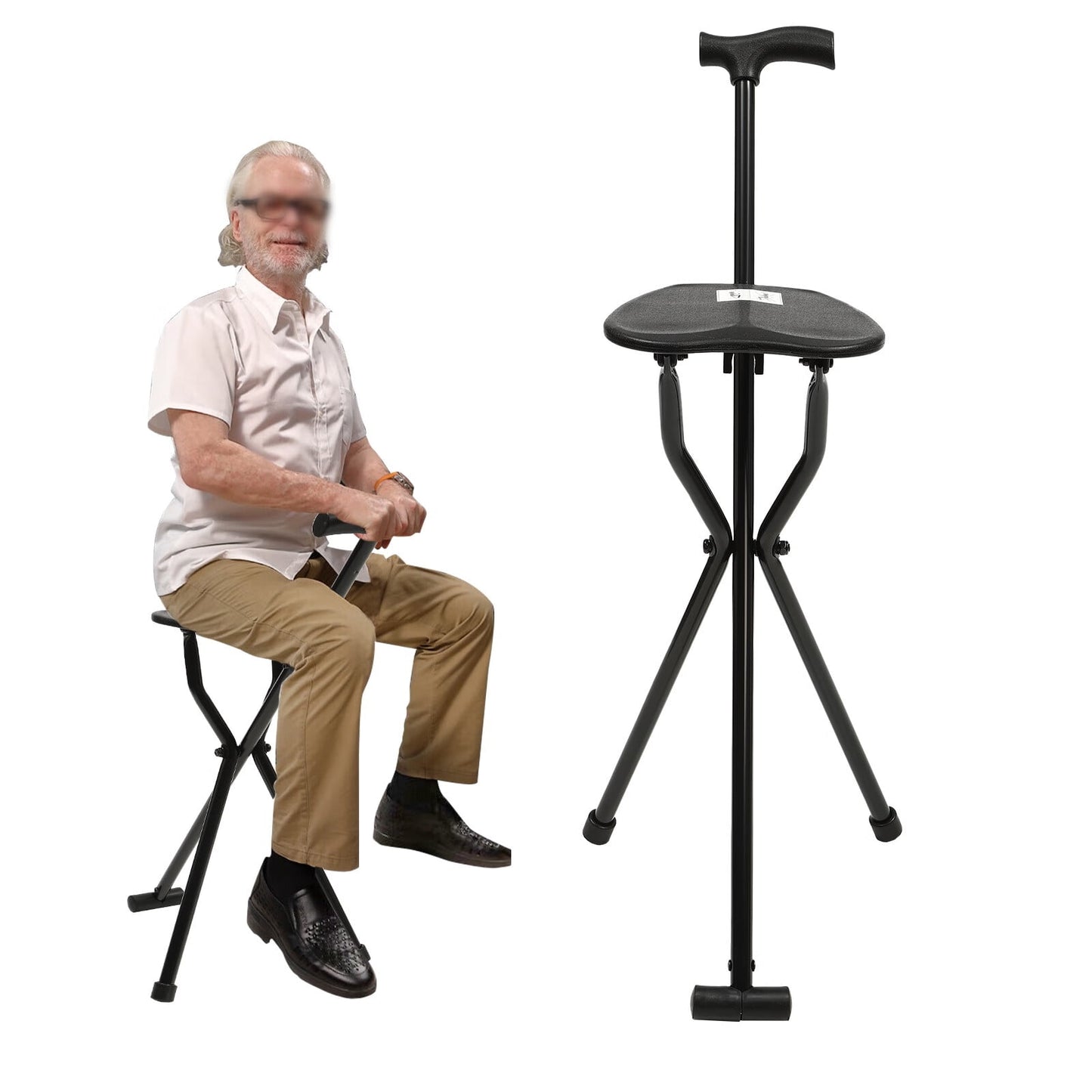 Black Folding Multifunctional Cane Chair Walking Stick with Stool Crutch