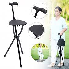 Black Folding Multifunctional Cane Chair Walking Stick with Stool Crutch