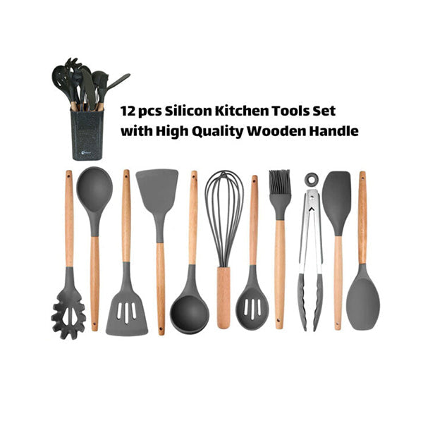 Phoenix, Silicon Kitchen Utensil Set with Wooden Handle 11 Pcs - PHX-SPOONSET -