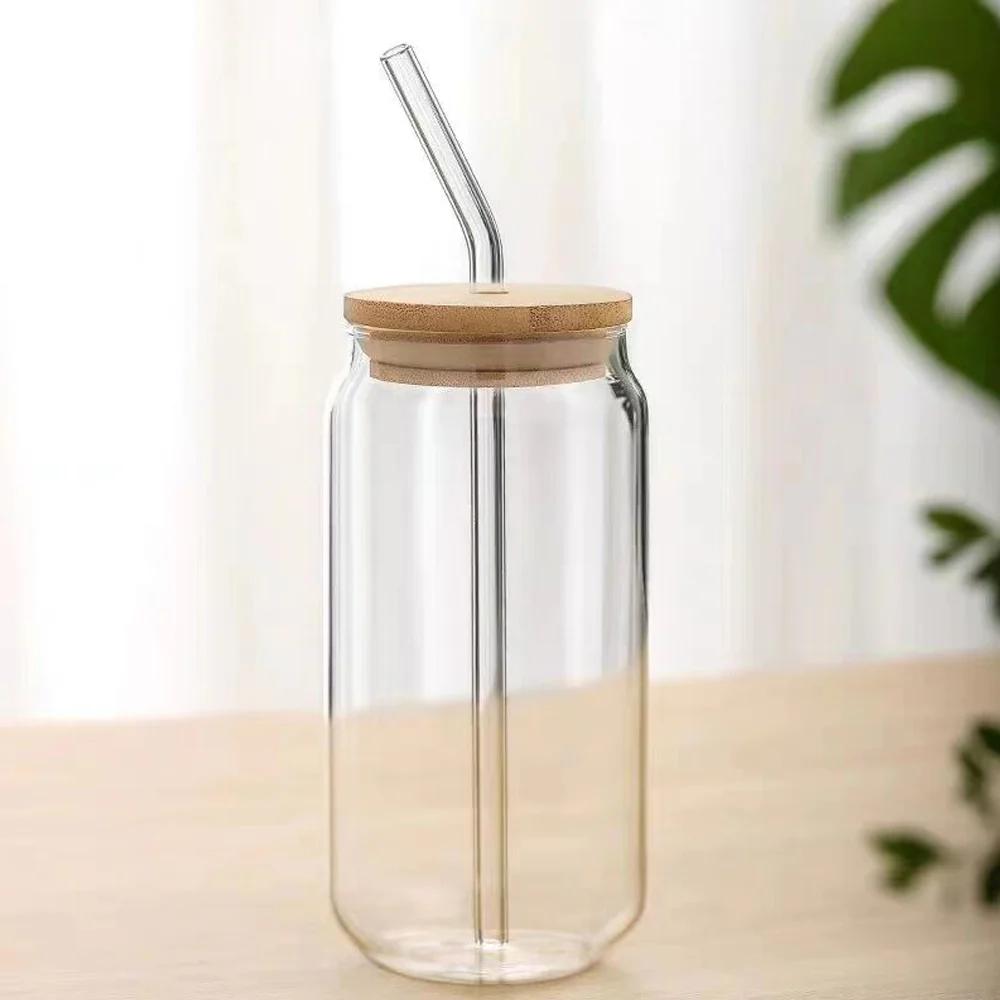 Drinking Glass Cup With Bamboo Lid And Straw 540ml