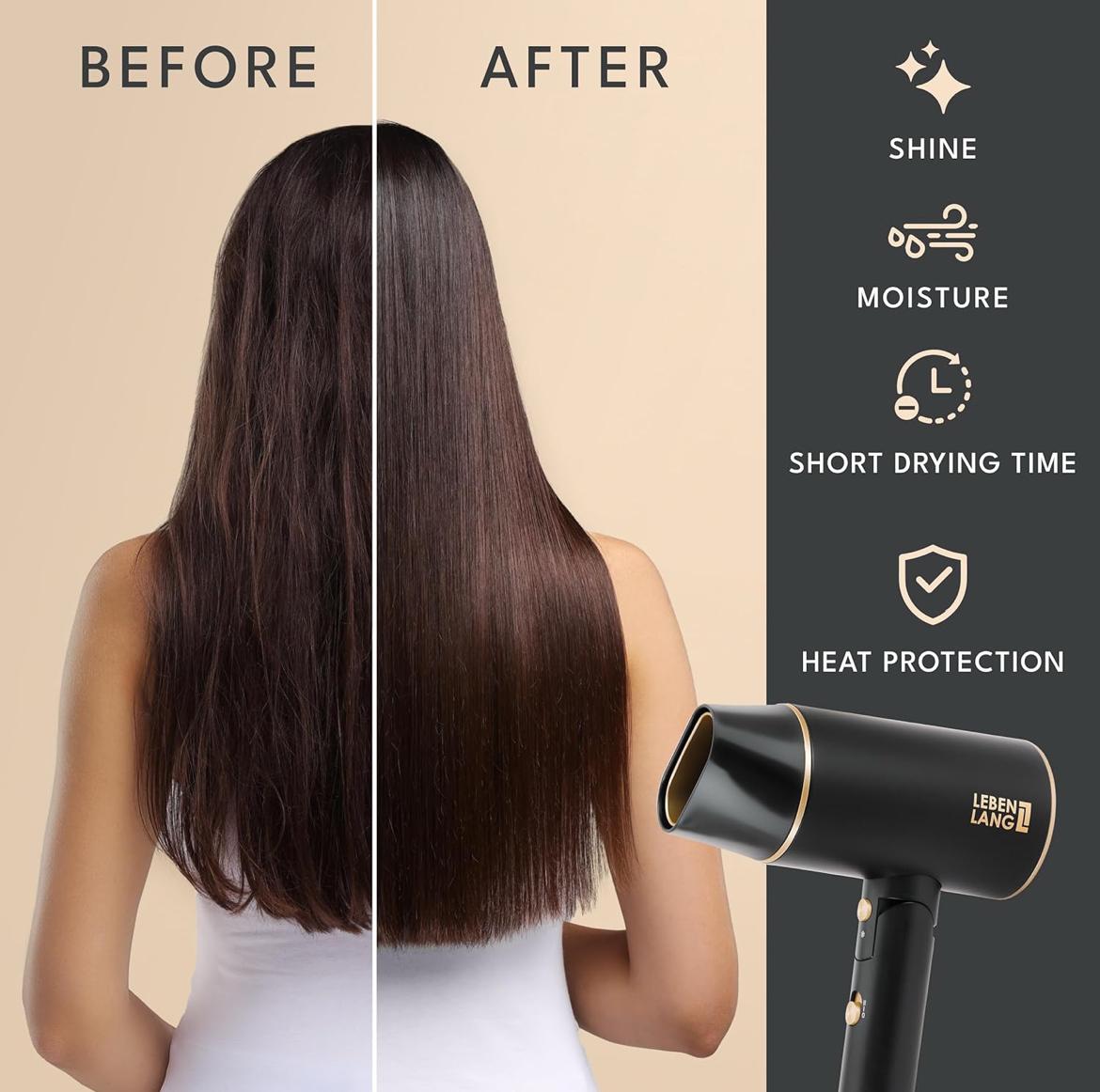 Leban Lang Ionic(Made in Germany) Hair Dryer 1800-2100W - Compact, Portable, Lightweight, with Diffuser and Bag for Travel