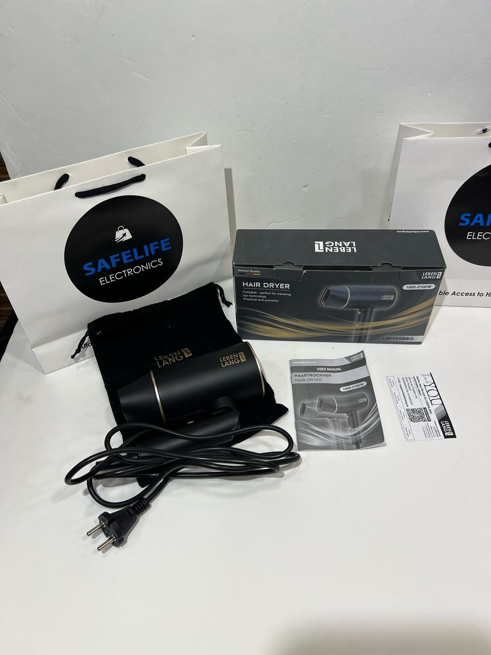 Leban Lang Ionic(Made in Germany) Hair Dryer 1800-2100W - Compact, Portable, Lightweight, with Diffuser and Bag for Travel