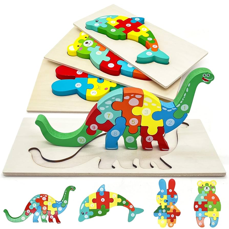 wooden dinosaur-shaped jigsaw puzzle designed for children.