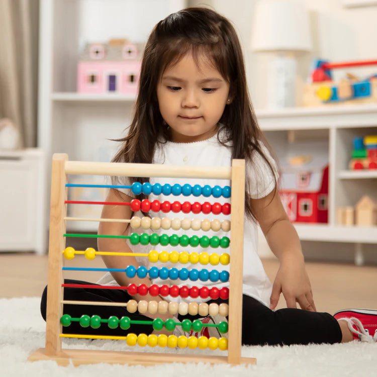 Computing rack, wooden abacus with colorful beads, designed as an early childhood educational game.