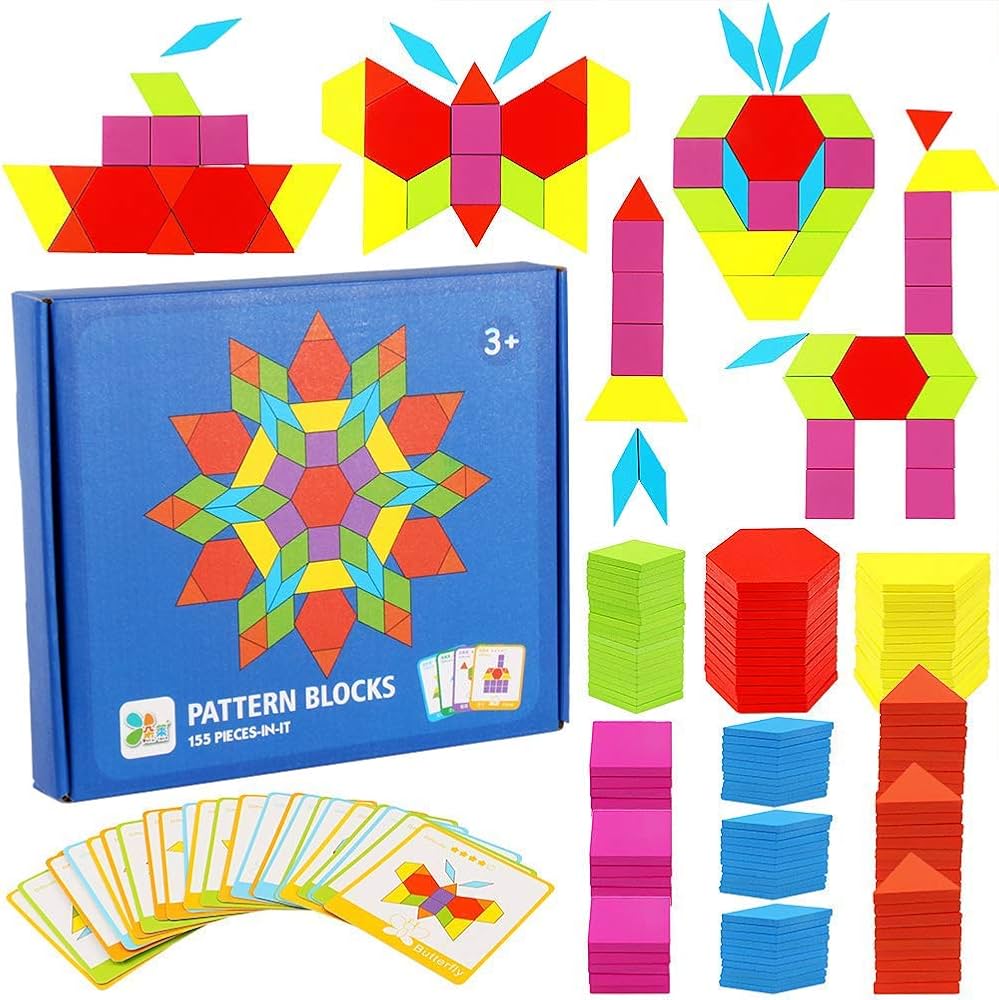 Geometric Solid 180 pieces, Patern Blocks Set Geometric Manipulative Shape Puzzle Educational Montessori Tangram Learning Toys for Toddlers Kid Ages 3-8