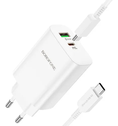 Borofone BN7 PD20W + QC3.0 Dual Ports Travel Charger with Type-C / USB-C to Type-C / USB-C Cable, EU Plug(White)
