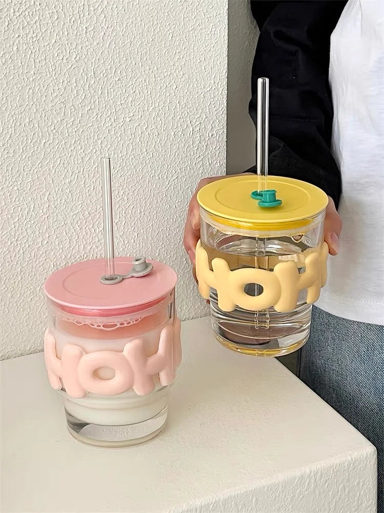 HoHo Glass Mug Shaker with Silicone Holster, Lid & Straw, Juice, and Smoothies, BPA Free & Leak-Proof (350 ml) I-267