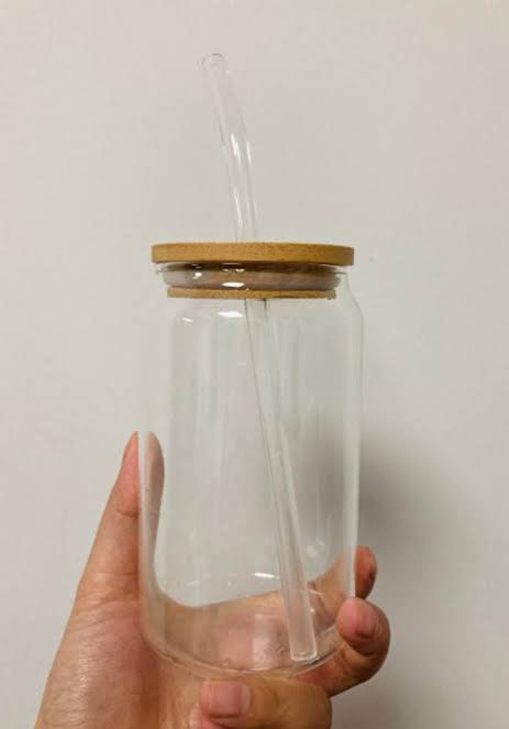 Drinking Glass Cup With Bamboo Lid & Glass Straw KQ349-1