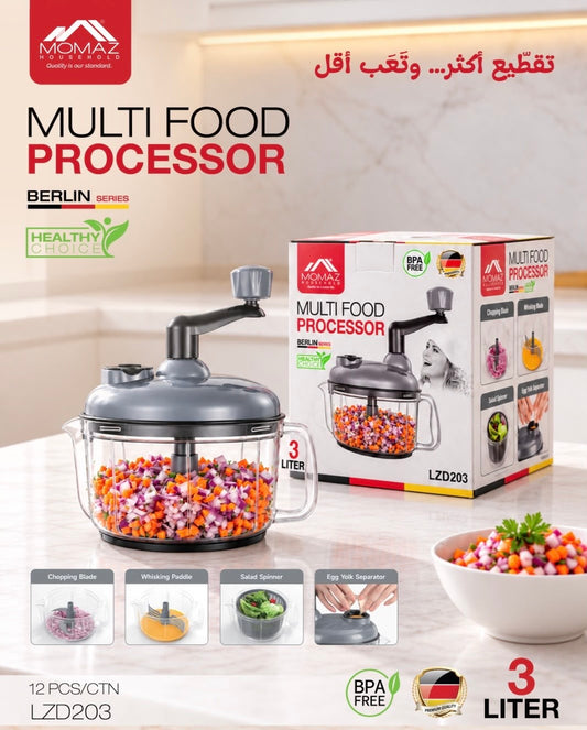 MOMAZ Multi Food Processor (Berlin Series, Model LZD203), a manual hand-crank kitchen appliance with a 3-liter capacity.
