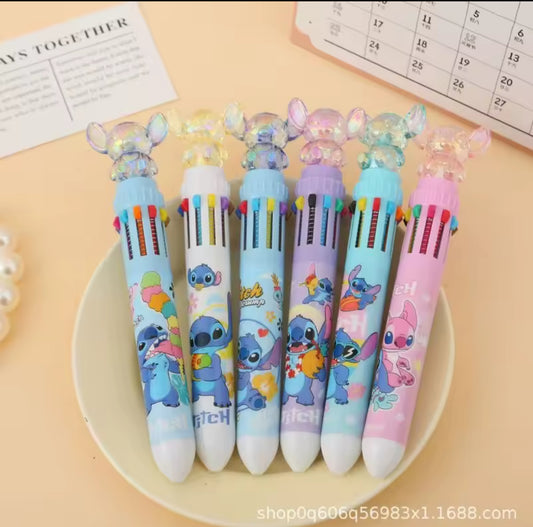 Ballpoint Pen Disney Stitch Cartoon Lilo Crystal 10 Color Marker 0.7mm Student Graffiti School Childrens Stationery Gifts(1 pc)