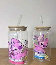 Stitch Glass Cup with Straw