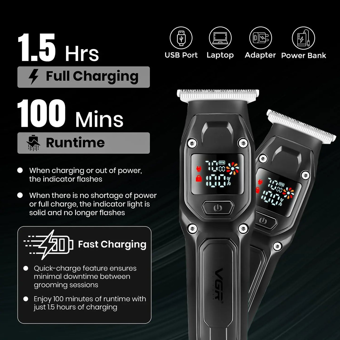 VGR V-964 Professional Hair Trimmer for Men .5 Hour Runtime, Quick Charge, Stainless Steel Blades, Cord/Cordless Use