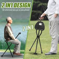Black Folding Multifunctional Cane Chair Walking Stick with Stool Crutch