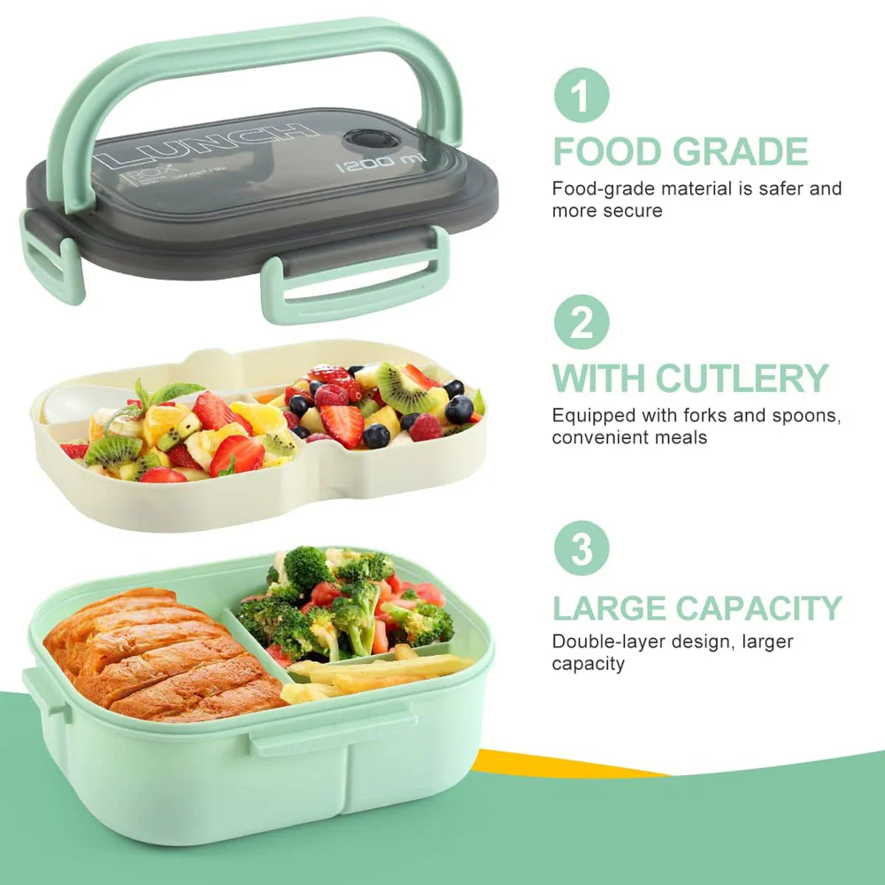 Adult Lunch Box 1200ML Double Layer Lunch Box With Spoon & Fork High Capacity Food Containers