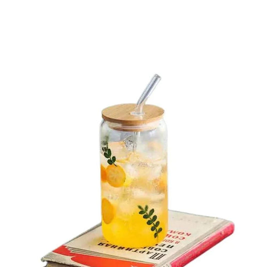 Drinking Glass Cup With Bamboo Lid And Straw 540ml