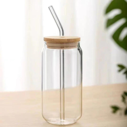 Drinking Glass Cup With Bamboo Lid And Straw KQ349-1