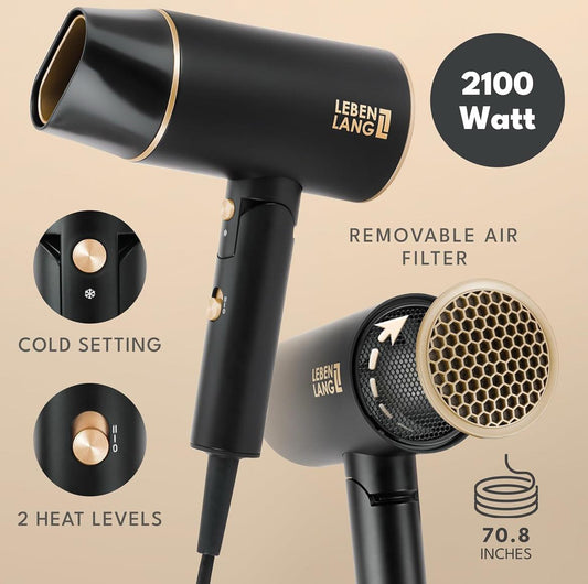 Leban Lang Ionic(Made in  Germany) Hair Dryer 1800-2100W - Compact, Portable, Lightweight, with Diffuser and Bag for Travel