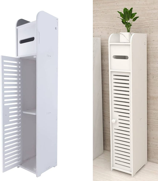 Bathroom Cabinet, Standing Shelf, Bathroom Shelf with Roller Shutter Door and Toilet Paper Storage, Waterproof PVC Board,