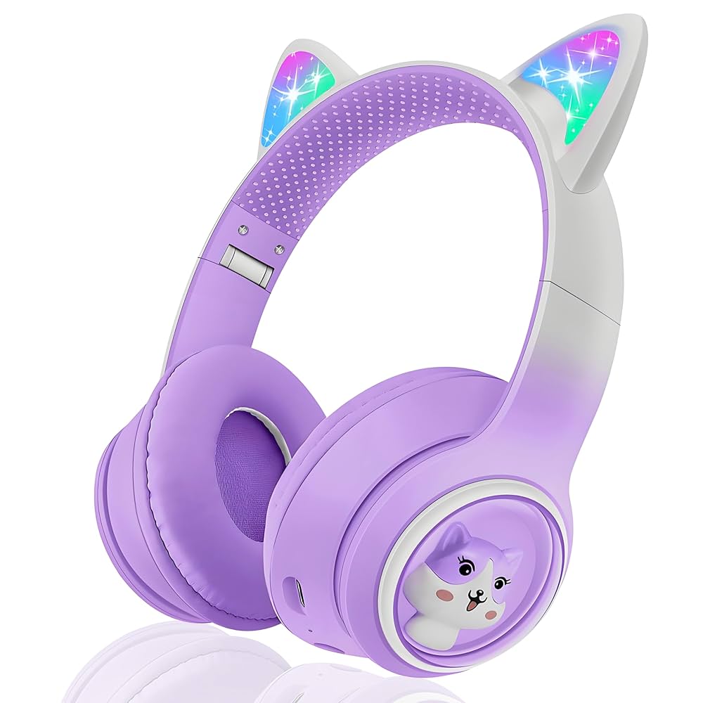 Hifi Sound Headset AKZ51 ,Gradient Color Wireless Bluetooth Cute Cat Ear Headphones with Mic RGB Lighting Support TF Card Children's Headset