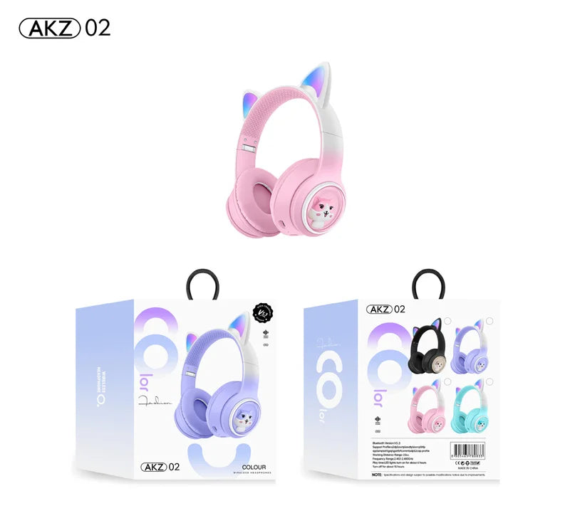 Hifi Sound Headset AKZ51 ,Gradient Color Wireless Bluetooth Cute Cat Ear Headphones with Mic RGB Lighting Support TF Card Children's Headset