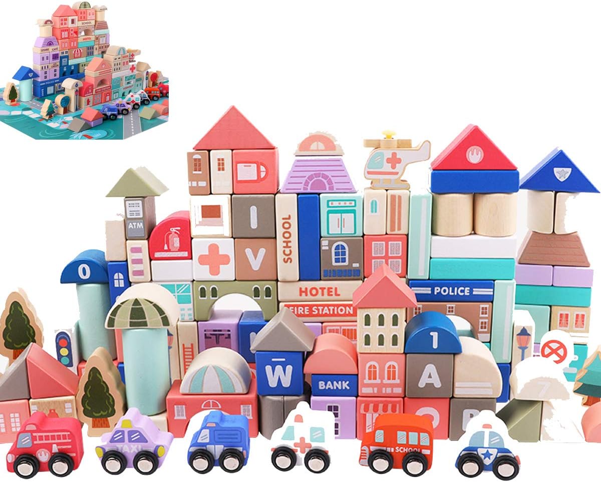 City Construction Wooden Building Blocks Set with Play Mat, Educational Toddler Toy for 3 Year Olds, Learn Numbers and Words, Develop Essential Skills