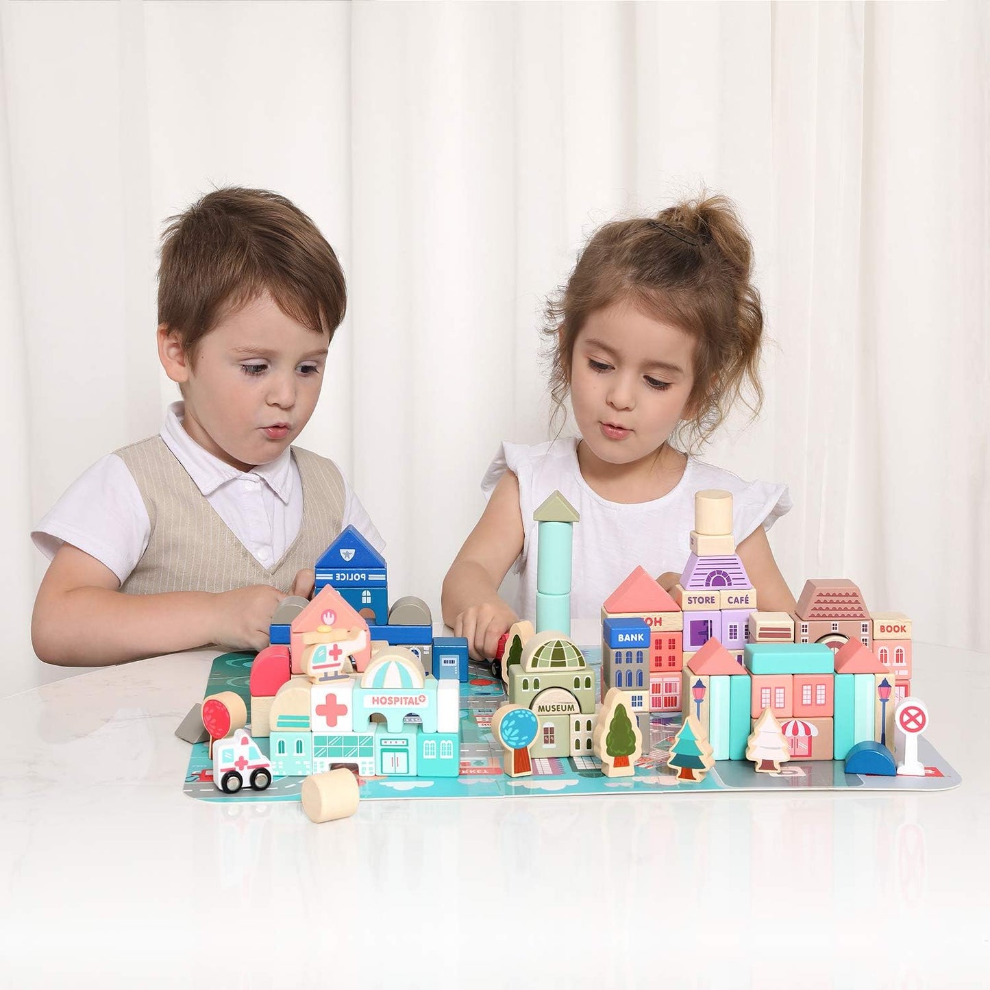 City Construction Wooden Building Blocks Set with Play Mat, Educational Toddler Toy for 3 Year Olds, Learn Numbers and Words, Develop Essential Skills