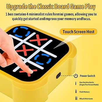 4-in-1 Tic Tac Toe Rechargeable Electronic Game, Handheld Puzzle Game,Portable Travel Games for Kids & Adults Ages 3+,Board Games Gift Idea for Brain Training and Memory Growth