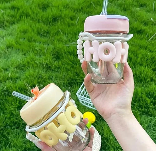 HoHo Glass Mug Shaker with Silicone Holster, Lid & Straw, Juice, and Smoothies, BPA Free & Leak-Proof (350 ml) I-267