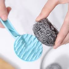 Wideskall Kitchen Cleaning Stainless Steel Sponge with Handle Scouring Pad Brush Steel Wool Scrubber with Sponge
