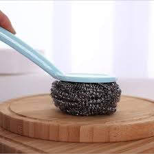 Wideskall Kitchen Cleaning Stainless Steel Sponge with Handle Scouring Pad Brush Steel Wool Scrubber with Sponge