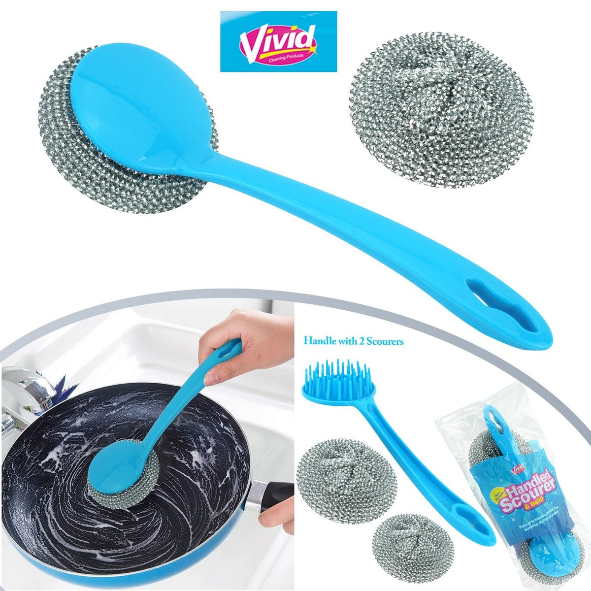 Wideskall Kitchen Cleaning Stainless Steel Sponge with Handle Scouring Pad Brush Steel Wool Scrubber with Sponge