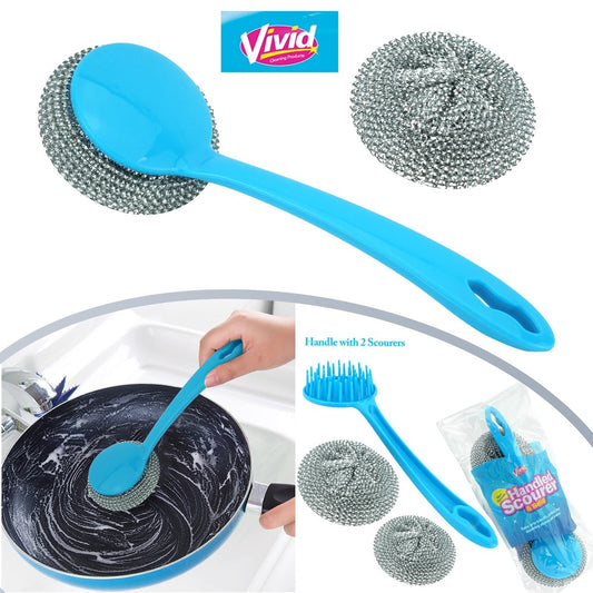 Wideskall Kitchen Cleaning Stainless Steel Sponge with Handle Scouring Pad Brush Steel Wool Scrubber with Sponge