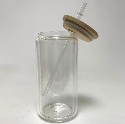 Drinking Glass Cup With Bamboo Lid & Glass Straw KQ349-1