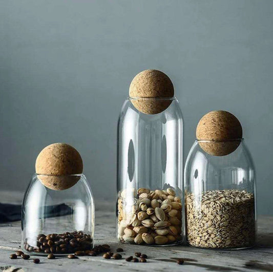 Set Of 3 Pack Glass Jar with Airtight Cork Lid Ball, Clear Candy Jar Mason Jars Food Storage Canister with Seal Wood Cork Round for Serving Spice Sugar Salt Tea