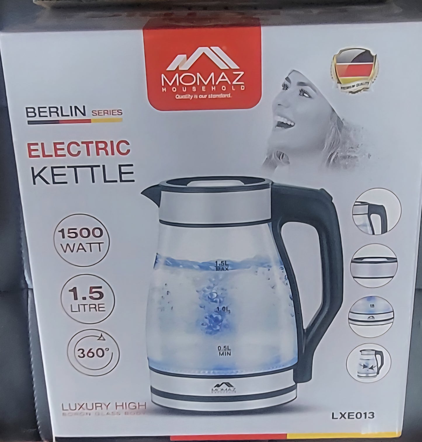 Momaz Electric Glass Kettle Luxury High Boron Glass Body 1500W | 1.5L | 360° LXE013