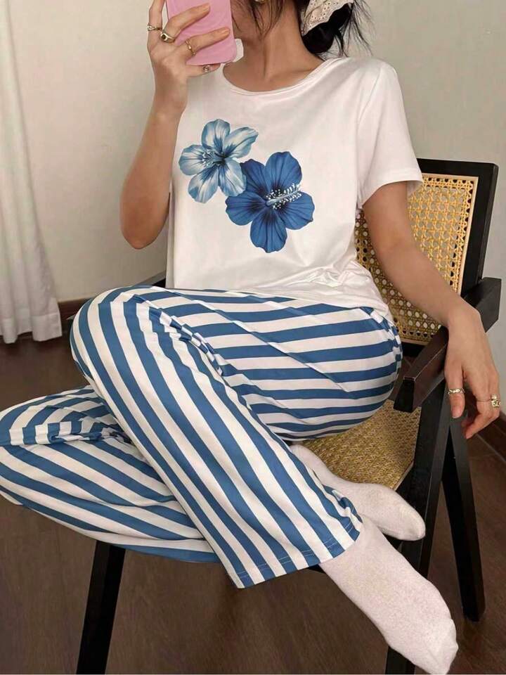2pcs Set high quality Women & Girls Floral Print Short Sleeve Top And Striped Long Pants Spring/Summer D1905