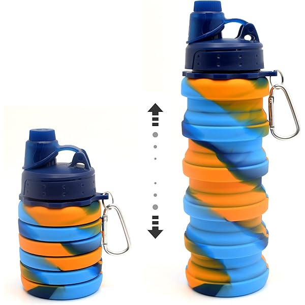 Silicon Water Bottle with Swirl Design, Blue and Yellow Pattern, Flip-Top Spout