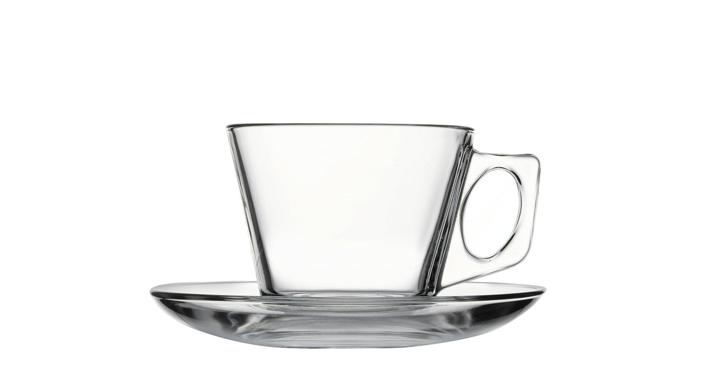 Pasabahce Glass Tea Cup Set with Plates - Set of 6, Clear