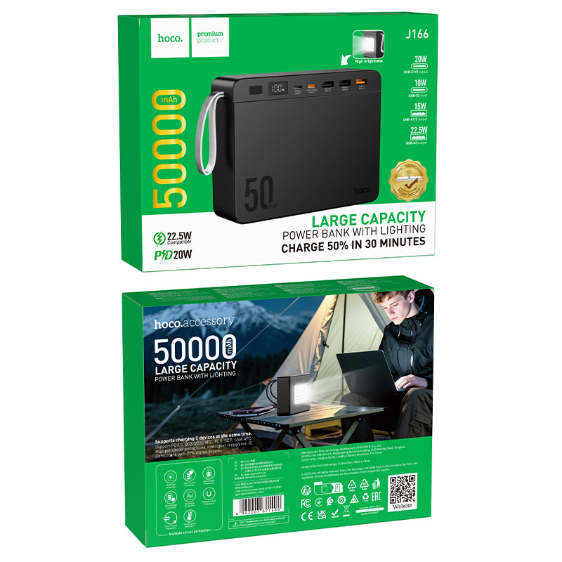 HOCO J166  50000mAh Power Bank With 22.5W Fast Charge, PD 20W USB-C, Multi-Port Output, LiFePO4 Battery, LED Lighting |  Black