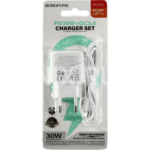 BOROFONE 30W USB and C  Dual Input type C Charger, Smart Fast Charging with LED & Multi-Protection System BAS45A