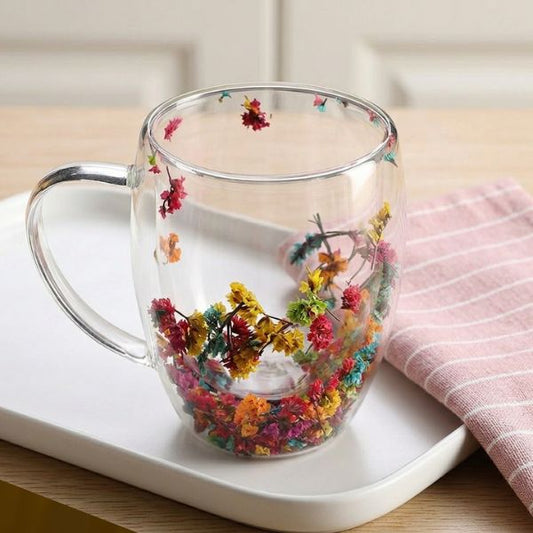 Colorful Flowers Double Wall Glass Mug
