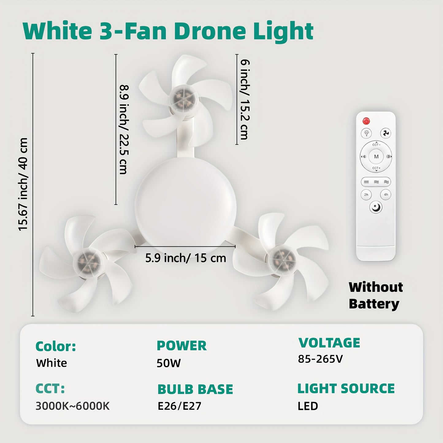 3 Blade Foldable Fan Drone and 50 watt Light (warm and white) Remote Controlled Restaurant Ceiling Fan