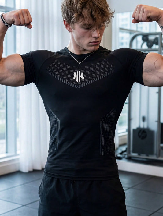 Men's Letter Print Raglan Sleeve Sports T-Shirt Compression Fit Holographic Solid Color Breathable Gym Workout Compression Shirt