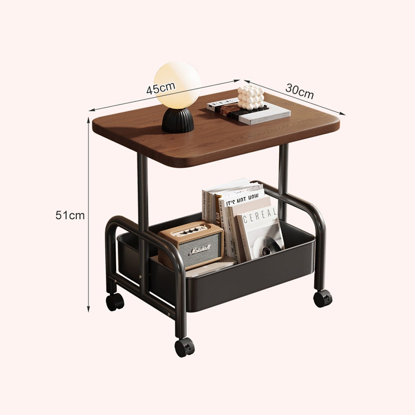 Mobile Rolling Cart Side Table with Mesh Shelves Living Room Storage Nightstand Coffee Table
