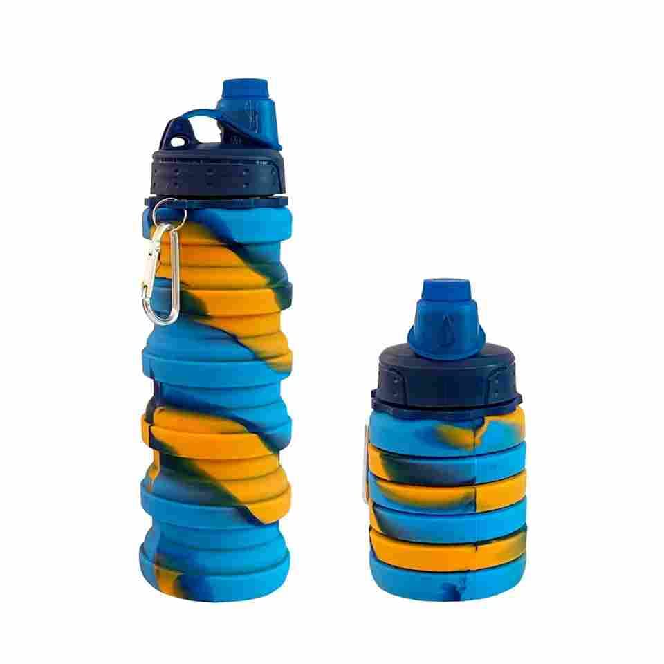 Silicon Water Bottle with Swirl Design, Blue and Yellow Pattern, Flip-Top Spout