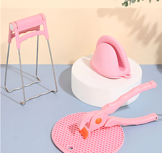 Stainless Steel Home Kitchen Anti-Scald Plate Take Bowl Dish Pot Holder Carrier Clamp Clip Handle and Silicon Slip Resistance Glove Combo KR-1333