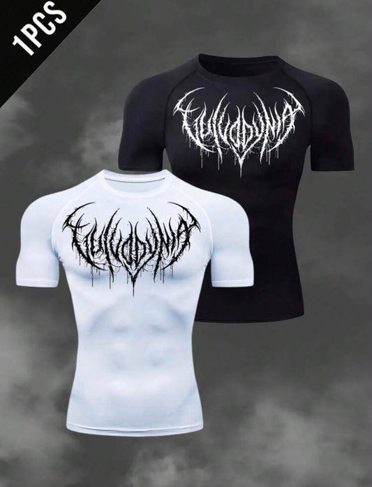 RISE LYT Men's Gothic Print Raglan Sleeve Short Casual Fitness Workout T-Shirt Tops Compression Shirt Breathable Fitted Crew Neck Men Gym
