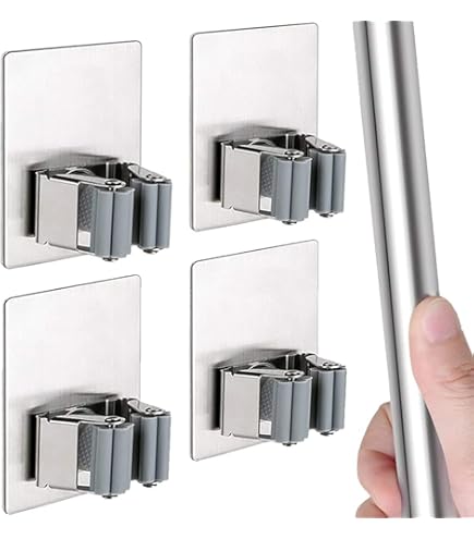 Self Adhesive Stainless Steel 2 Sticky Hook Heavy Duty Wall Mounted Broom and Mop Stick Holder, for Home Kitchen